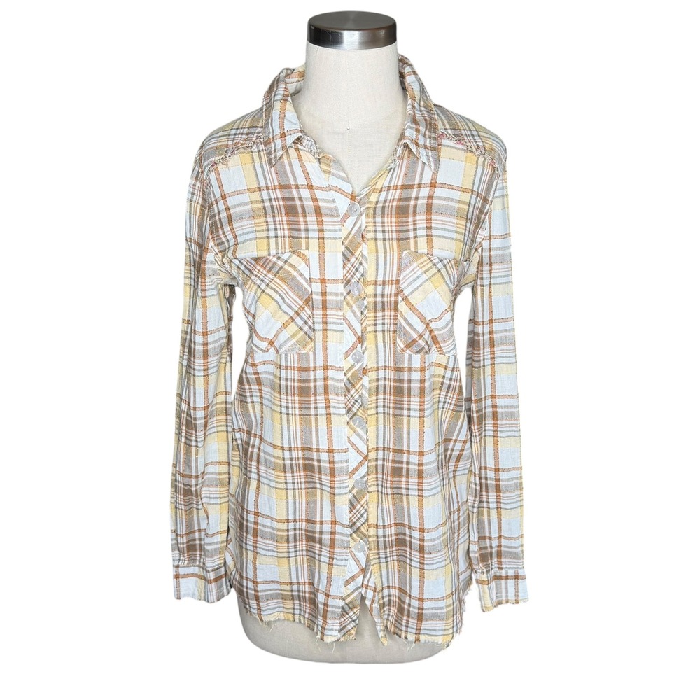 FREE PEOPLE We The Free Park Ranger Button Down Plaid Mixed Media Back Women's S